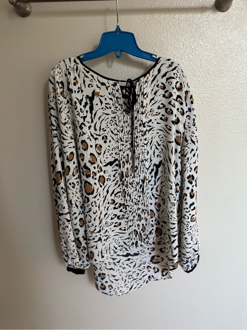 White House Black Market White Black and Tan Animal Print Lace-Up Blouse